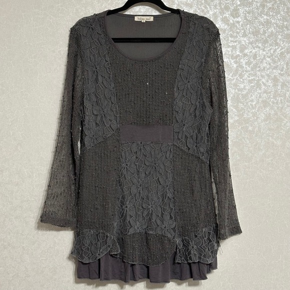 indigo soul Tops - Indigo Soul Mixed Media Floral Lace Mesh Ruffle Hem Tunic Top Gray L